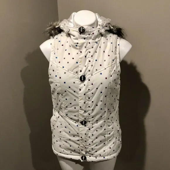 Burton Dryride Puffer Vest Small Cream Hooded Faux Fur Trim Zip Snap Pockets - Picture 12 of 12